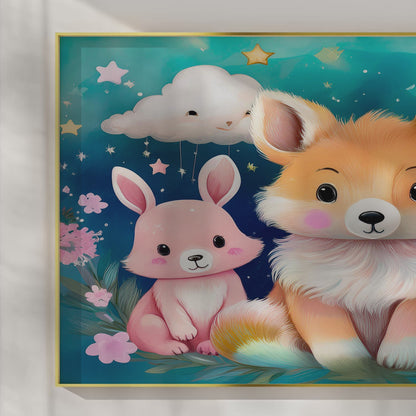 Fox & Bunny Woodland Friends Under a Starry Sky – Kids Animal Wall Art