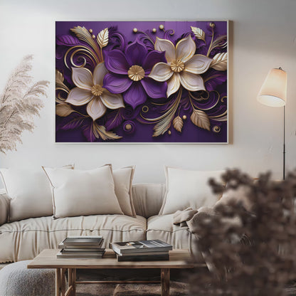 Luxury Purple & Gold Floral Metal Framed Wall Art – Elegant Botanical Design