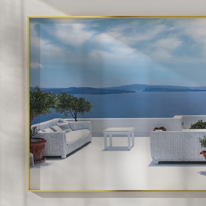 Santorini Serenity – White Balcony Wall Art, Aegean Sea View, Luxury Travel Decor
