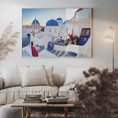 Oia Sunset View – Santorini Dome Church Wall Art, Greece Blue and White Village Decor