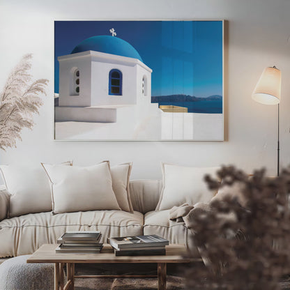Santorini Blue Dome Church – Greek Island Wall Art, Minimal Coastal Icon