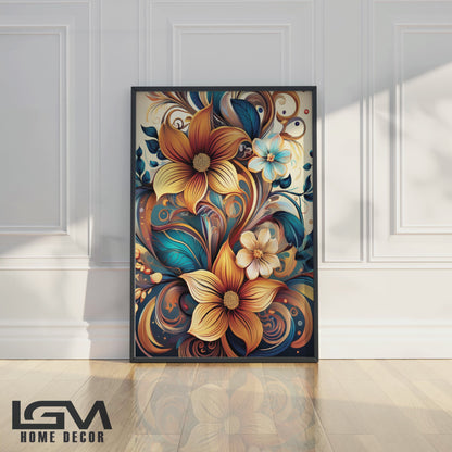 Golden & Cream Floral Metal Framed Wall Art – Elegant Botanical Design