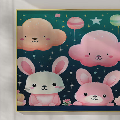 Pastel Bunny Friends and Floating Clouds – Nursery Wall Art