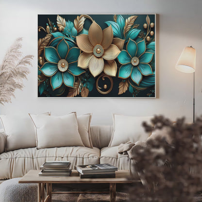 Luxury Blue & Gold Floral Metal Framed Wall Art – Elegant Botanical Design