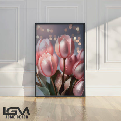 Blush Pink Tulip Bouquet Metal Framed Wall Art – Romantic Modern Décor