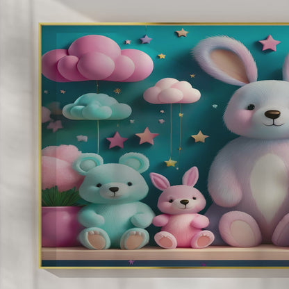 Bunny & Bear Plush Parade – 3D Pastel Nursery Wall Art