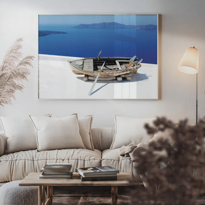 Aged Boat Overlooking Santorini Coast – Mediterranean Minimalist Wall Art Print