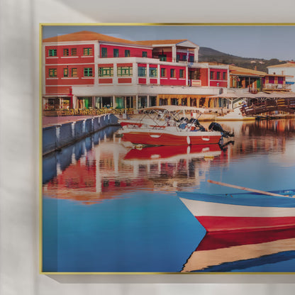 Lefkada Harbor – Greek Fishing Village Wall Art, Colorful Waterfront Scene