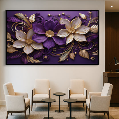 Luxury Purple & Gold Floral Metal Framed Wall Art – Elegant Botanical Design