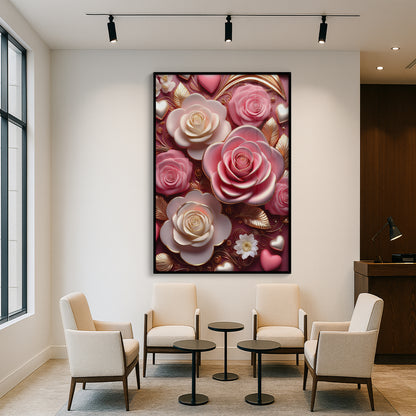 Romantic Pink & White Rose Metal Framed Wall Art – Luxury Floral Design