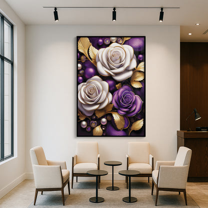 Elegant Purple & White Rose Metal Framed Wall Art – Modern Luxury Décor