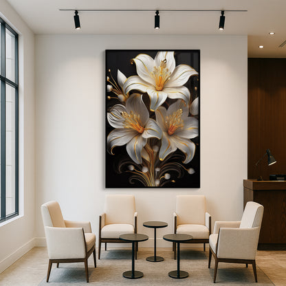 Elegant White & Gold Lily Metal Framed Wall Art – Modern Floral Luxury