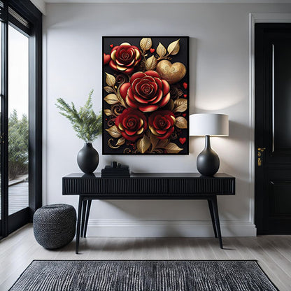 3D Flower Framed Wall Art, Red and Gold- Elegant Floral Home Decor | Unique Artwork