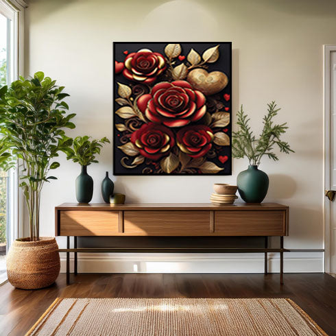 3D Flower Framed Wall Art, Red and Gold- Elegant Floral Home Decor | Unique Artwork