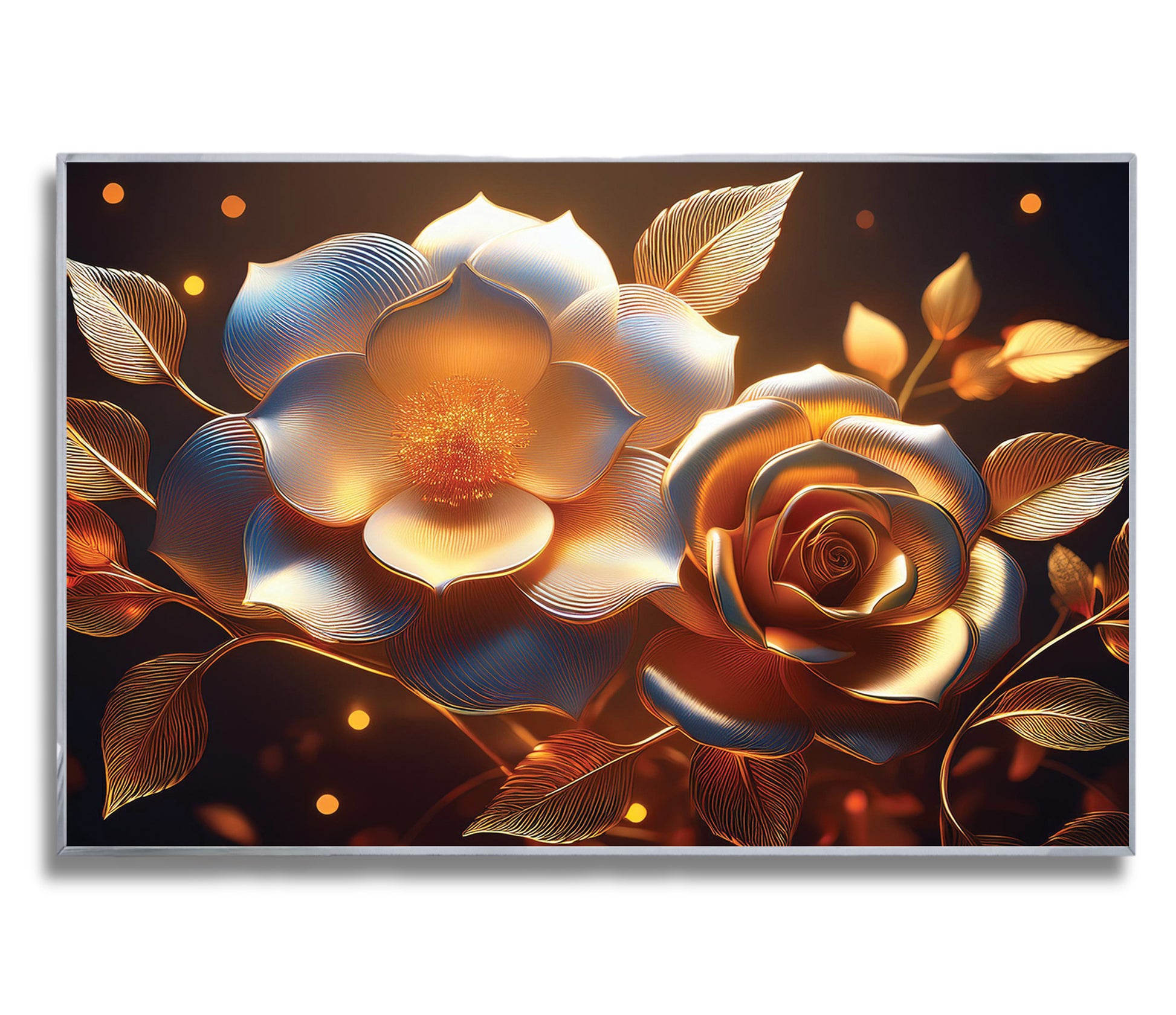 Golden rose and glowing floral wall art with metallic finish, framed in metal for an elegant and radiant luxury décor piece.