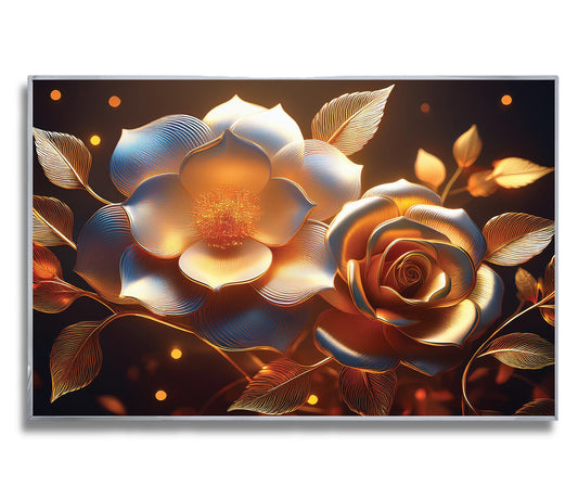 Golden rose and glowing floral wall art with metallic finish, framed in metal for an elegant and radiant luxury décor piece.