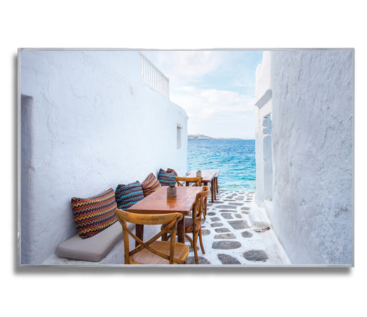 Mykonos Seaside Cafe – Greek Island Alleyway Wall Art, Coastal Dining View