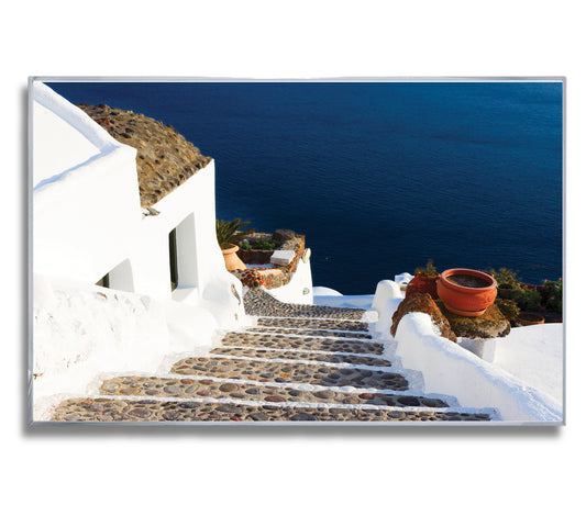Santorini Steps – Greek Island Stone Path Wall Art, Aegean Sea View