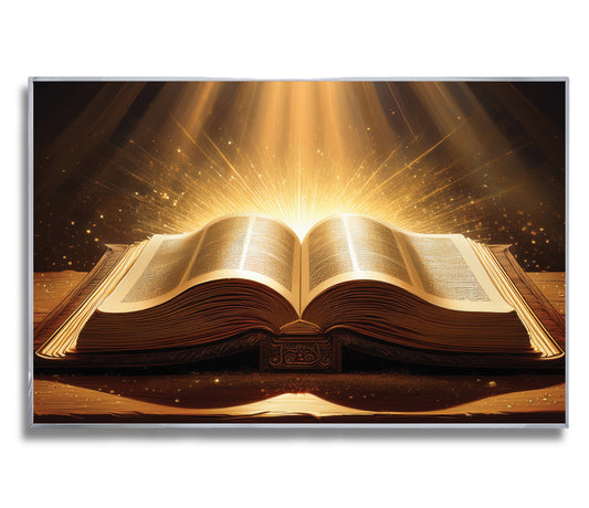 Holy Bible illuminated with golden light, symbolizing divine wisdom and inspiration, framed in luxury metal for spiritual décor.