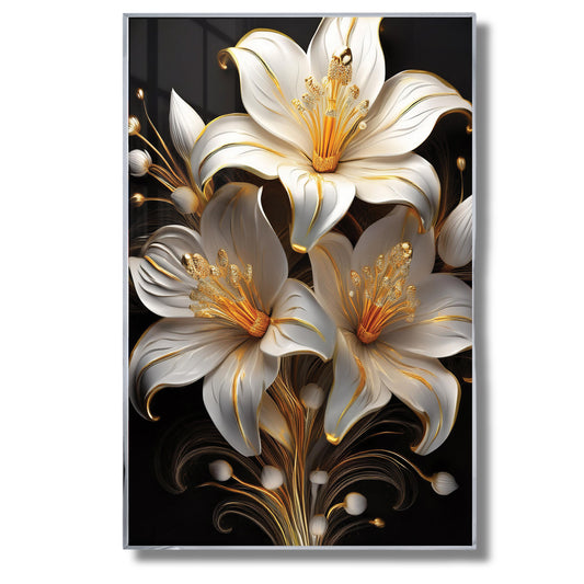 White and gold lily floral wall art with metallic accents, framed in metal for elegant luxury décor.