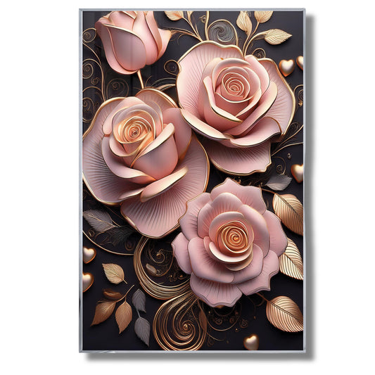 Classic pink rose floral wall art with golden details, framed in metal for romantic luxury décor.
