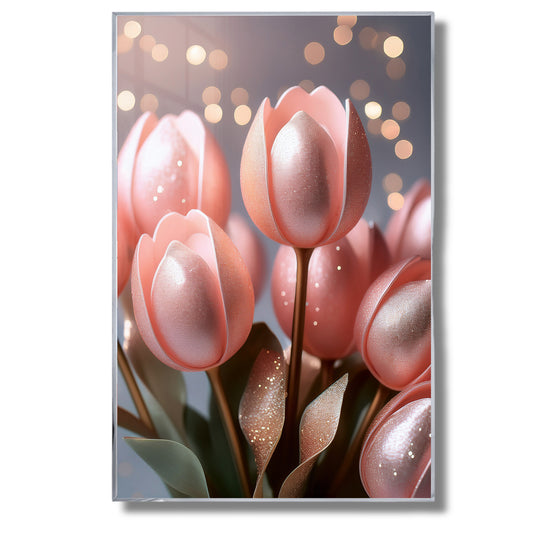 Blush pink tulip bouquet wall art with sparkling details, framed in metal for romantic luxury décor.