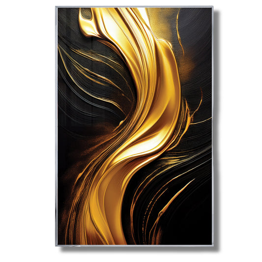 Abstract artwork with gold and black colors on a white background