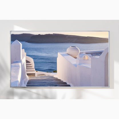 Elegant Staircase in Santorini – Sunset View Over Aegean Horizon