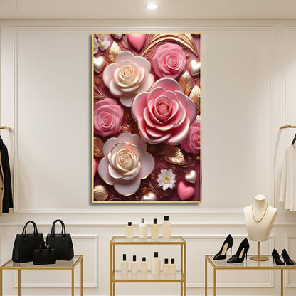 Romantic Pink & White Rose Metal Framed Wall Art – Luxury Floral Design