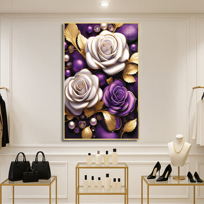 Elegant Purple & White Rose Metal Framed Wall Art – Modern Luxury Décor