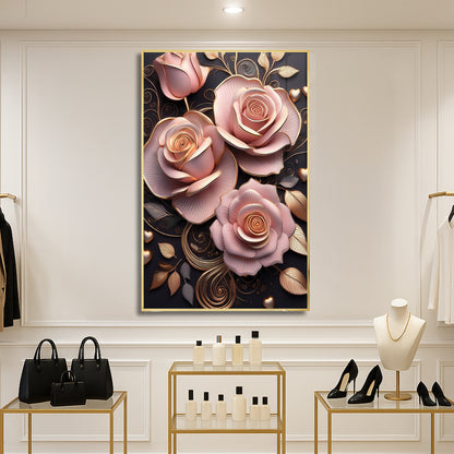 Classic Pink Rose Metal Framed Wall Art – Romantic Luxury Décor