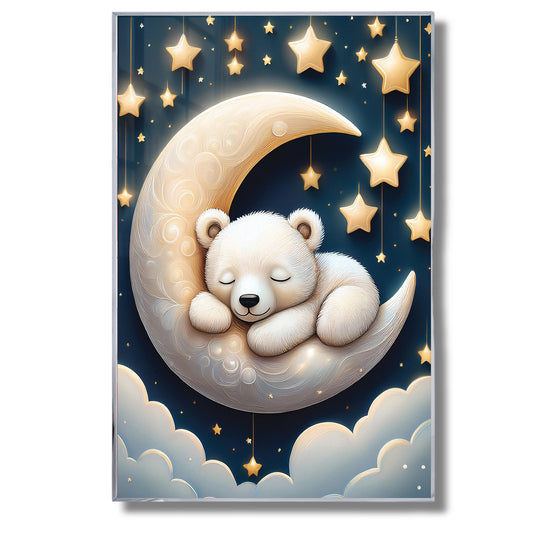White Bear Asleep on Lunar Moon – Starry Night Nursery Wall Decor